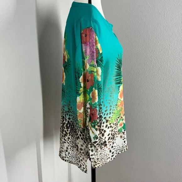 Soft Surroundings Tropical Floral & Animal Print Tunic Blouse Teal Multicolor - Picture 5 of 13
